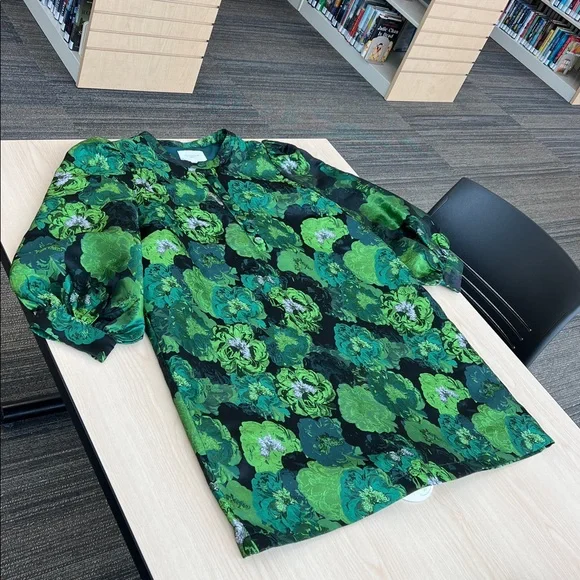 NEW Pomander Place Tuckernuck green floral jacquard Samantha dress puff sleeves - Picture 4 of 13